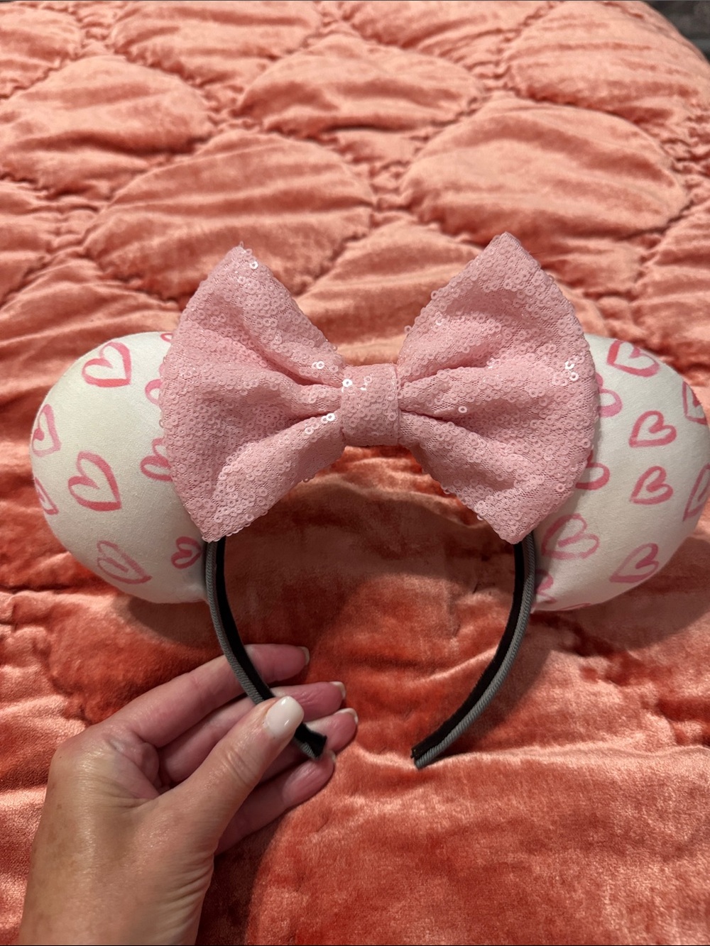Custom Ear Headband with Pink Sequin Bow and heart ears